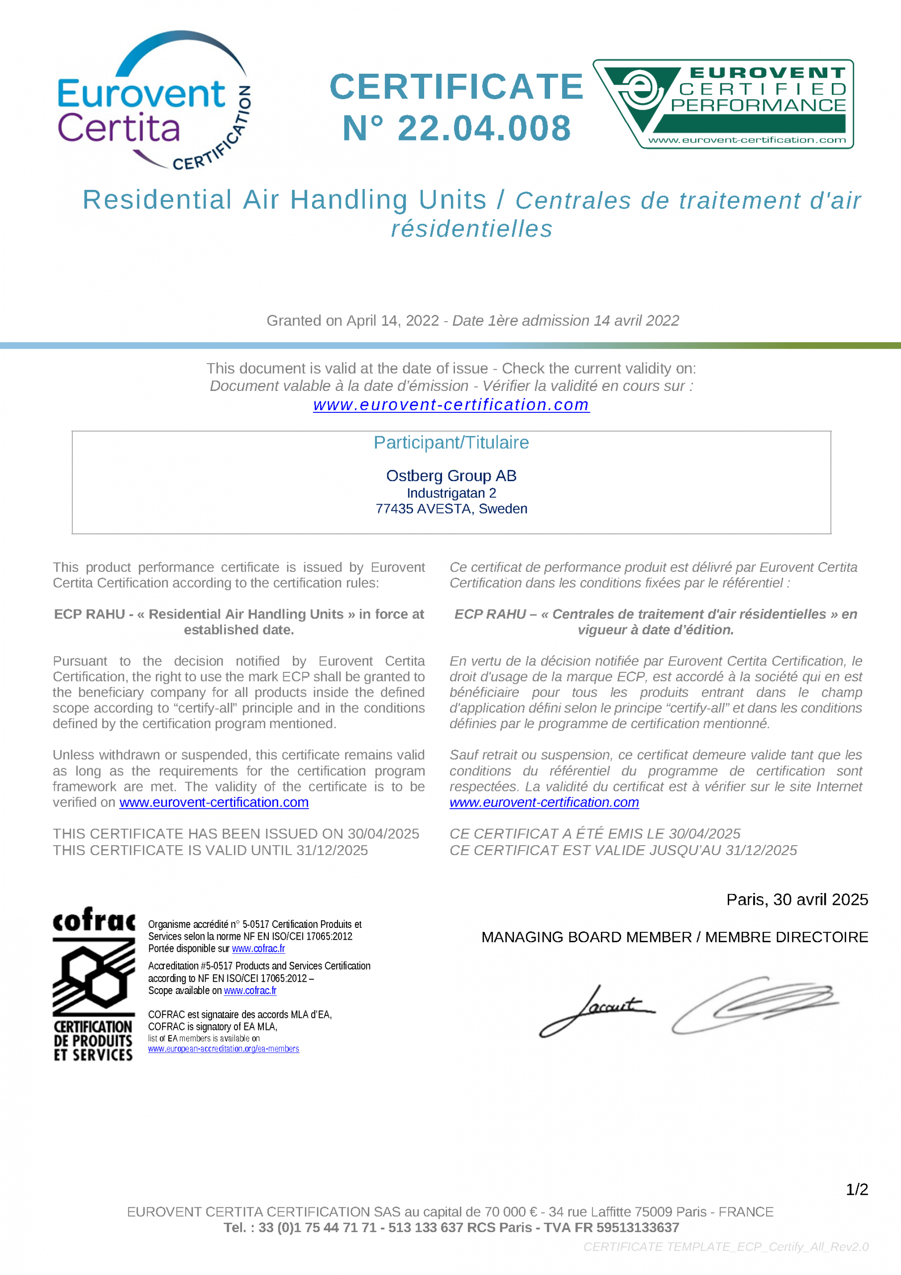 Certification Diploma EUROVENT_Sida_1