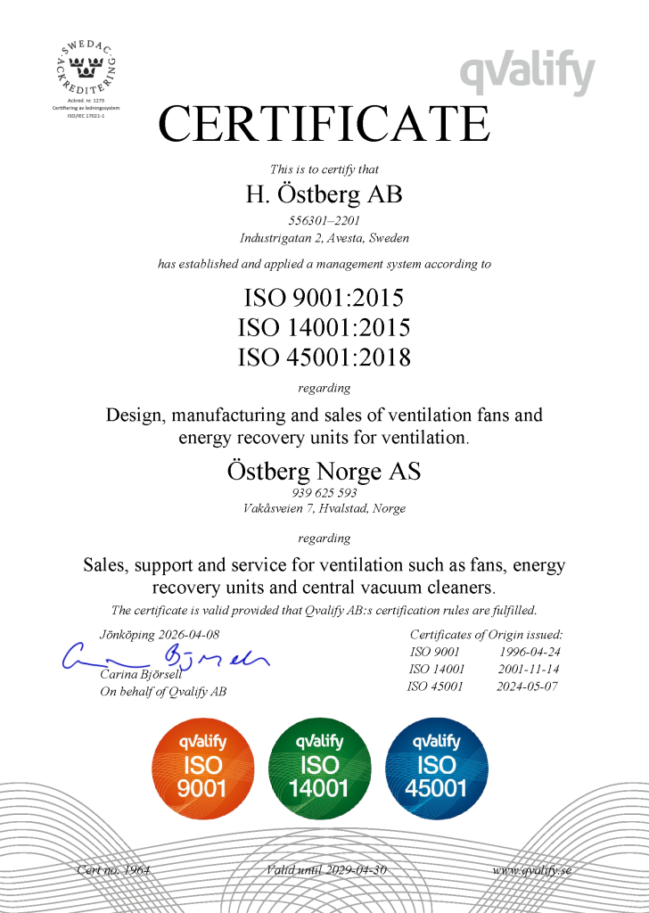 H.Östberg AB ISO Certifikate 2026